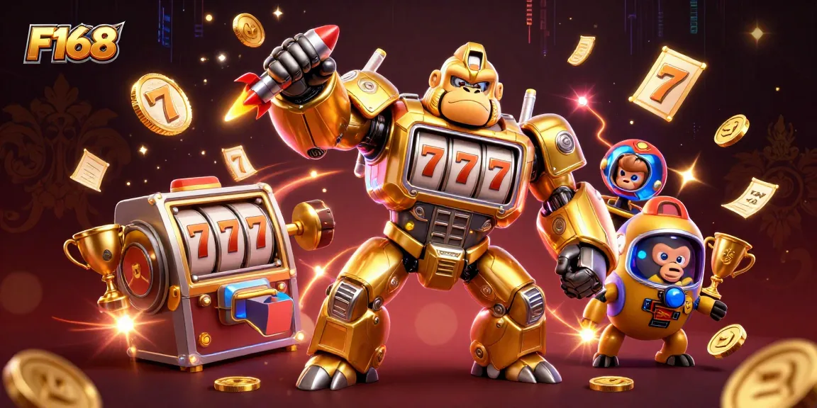 Play exciting slot games with F168 featuring a golden mech surrounded by jackpot reels and vibrant coins.