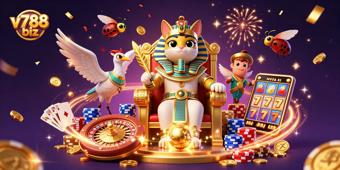 Engage with the thrilling gaming action at v788 biz featuring festive casino elements and a grand Egyptian motif.