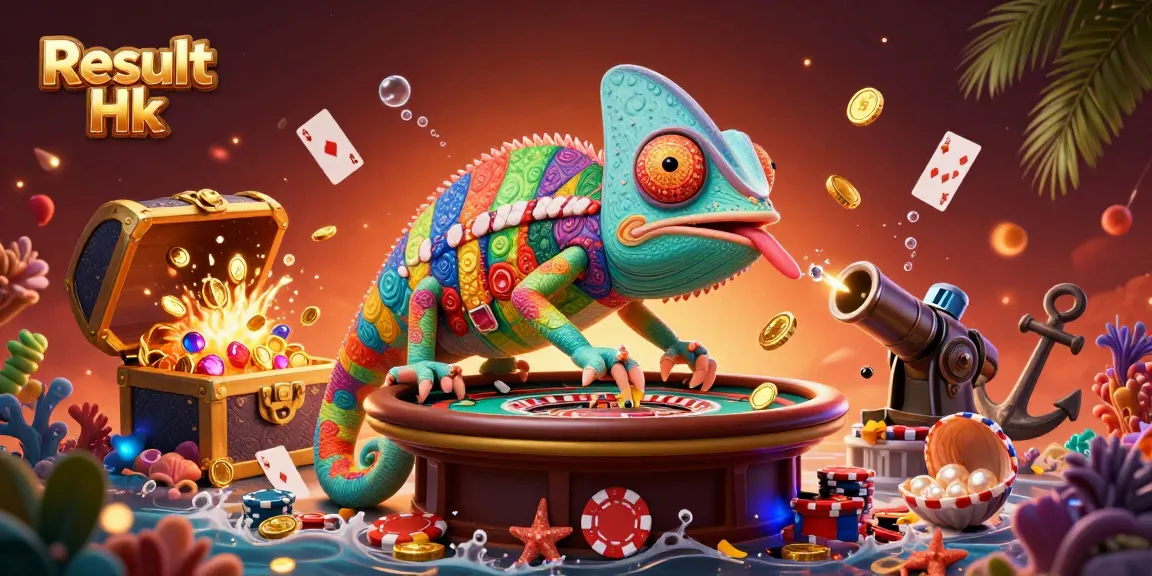 Catch the thrilling Result Hk as the chameleon snaps golden coins in this vibrant casino scene.