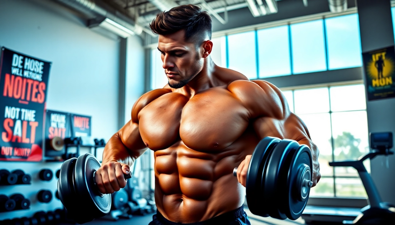 Trenbolon preis: Bodybuilder demonstrates strength training in a vibrant gym environment.