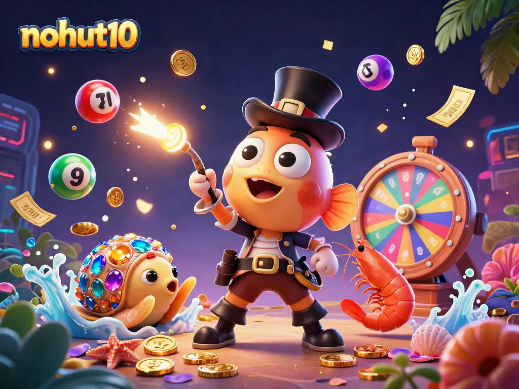 Engage with nohut10's thrilling jackpot action featuring colorful lottery elements and characters.