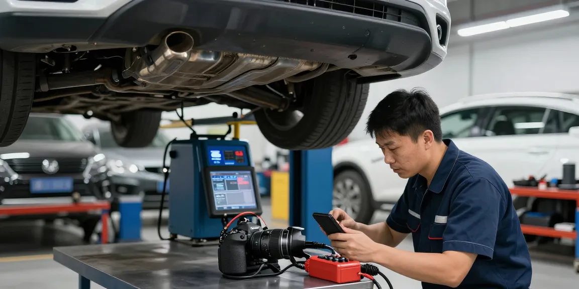 Techniker bei der DPF Reinigung in Laatzen, moderne Werkstatt mit Fahrzeugen und Diagnosetools.