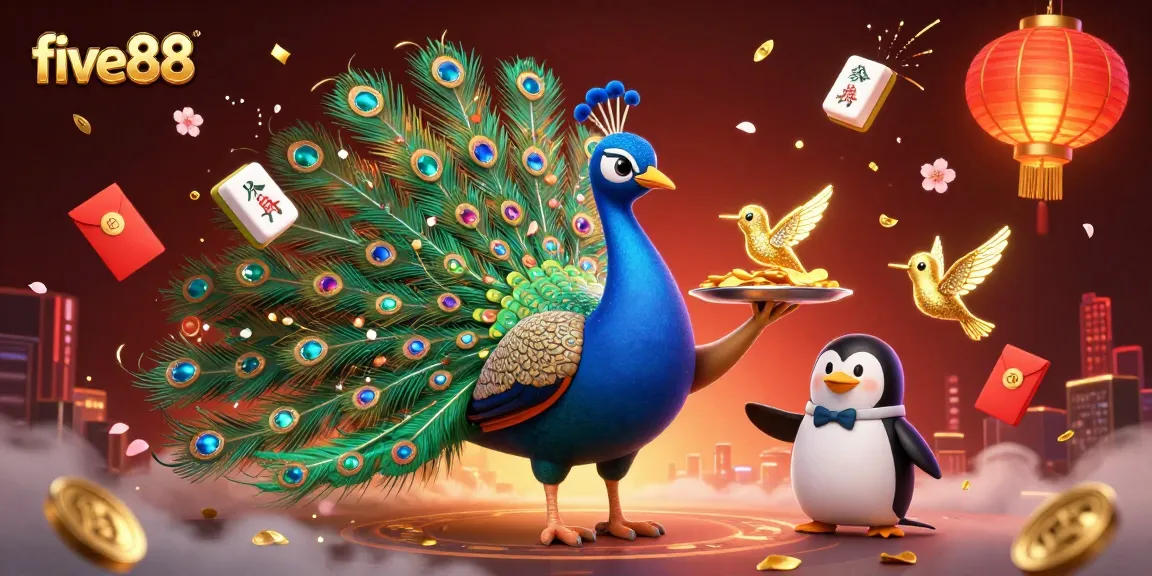 Experience the thrill of five88 with colorful casino elements and characters in this vibrant illustration