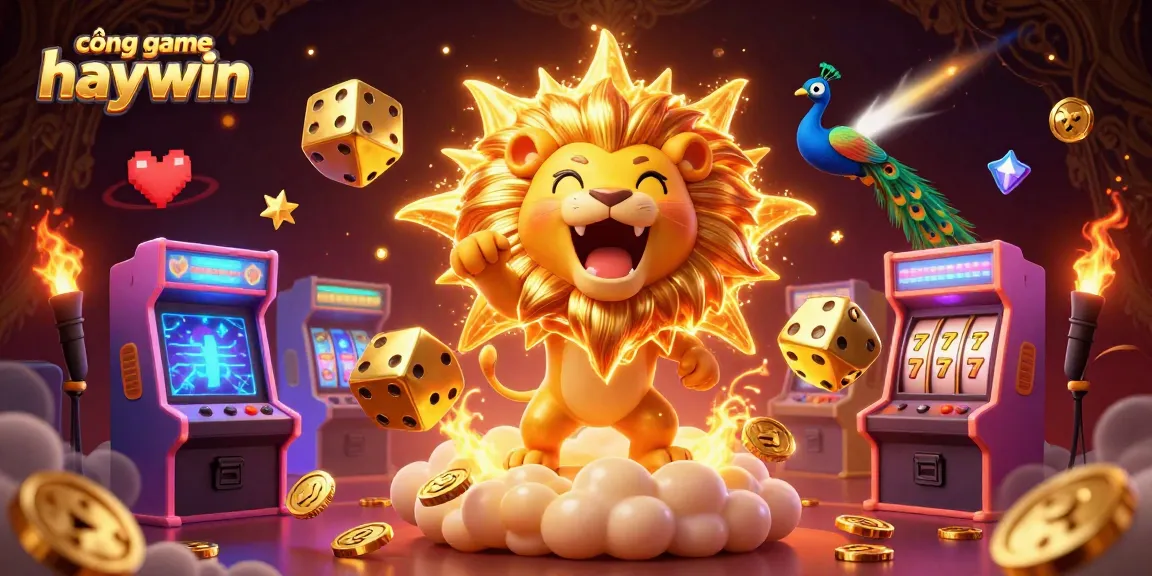 Spin and win at cổng game haywin with a vibrant 3D gambling scene featuring golden dice and a roaring sun lion.