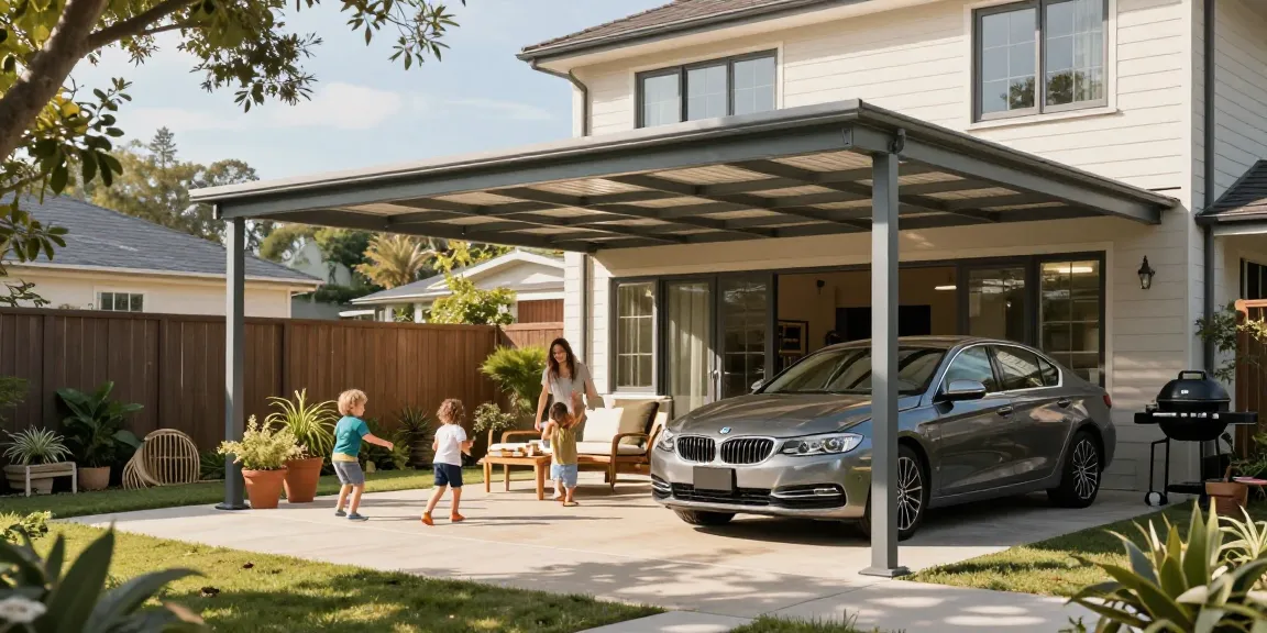 Moderner Carport bietet Schutz für ein stilvolles Fahrzeug im sonnigen Garten.