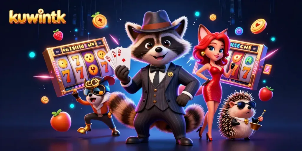 Experience thrilling casino action with kuwintk's playful raccoon and friends in a rich 3D scene.