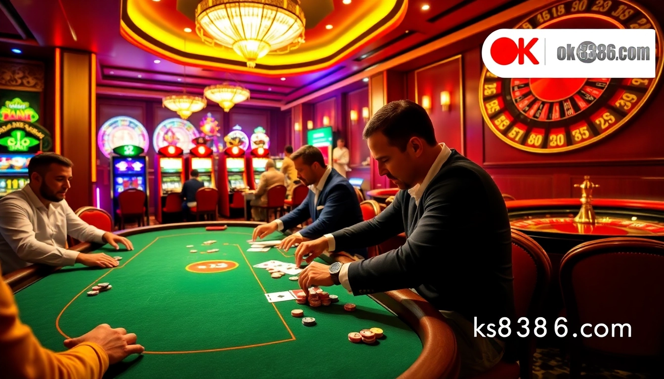 Excited players at a high-stakes table, showcasing the excitement of ok8386.com gaming.