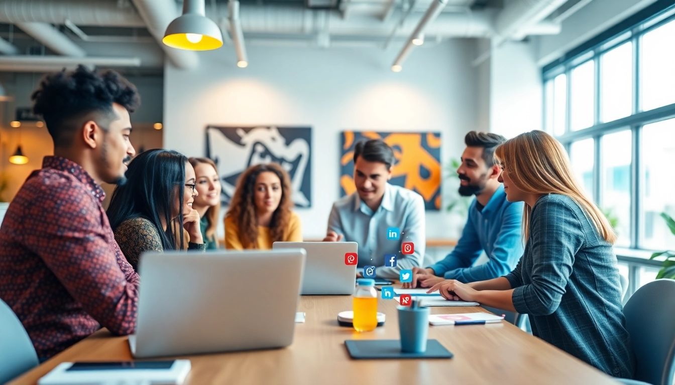 Illustration of a team developing a social-media-marketingstrategie in a collaborative workspace with laptops and social media elements.