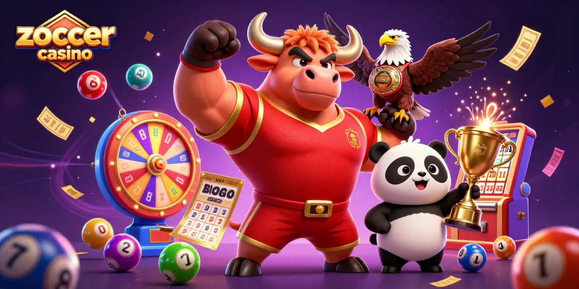 Zoccer casino celebrates wins with a vibrant scene of characters and game elements, showcasing excitement in gambling.