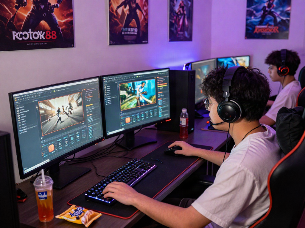 Engaged gamer enjoying rokok88 alternatif in a vibrant gaming setup with monitors, snacks, and LED lights.