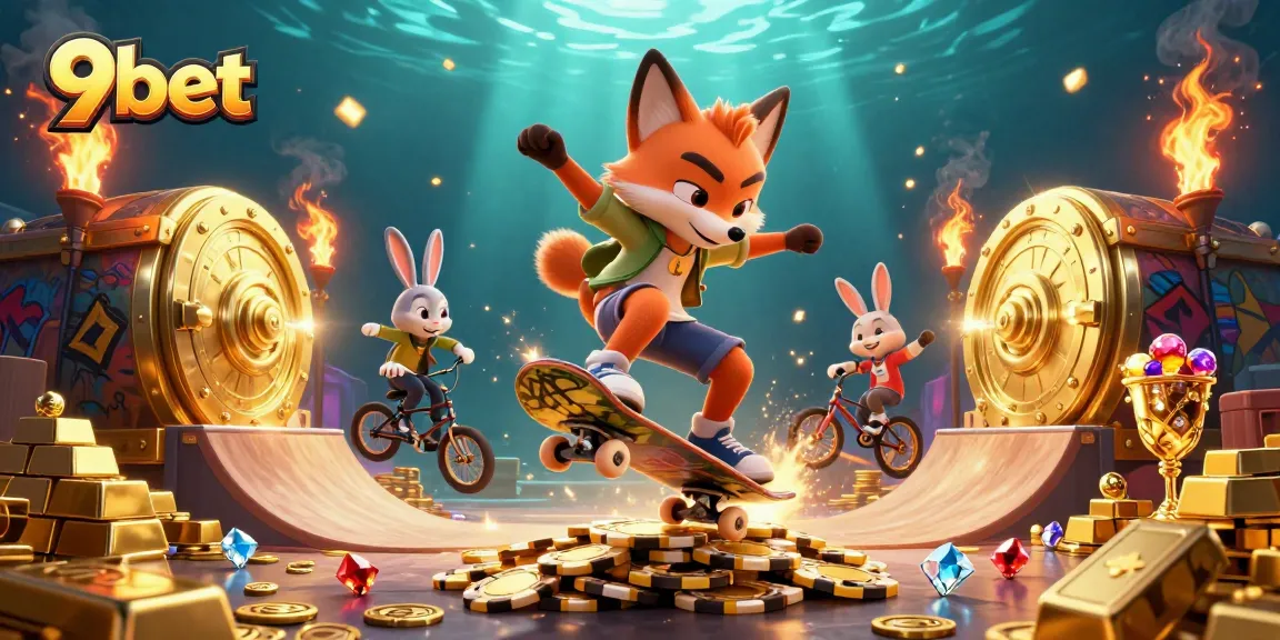 Experience the thrill of winning with 9bet in this dynamic 3D casino scene featuring vibrant characters.