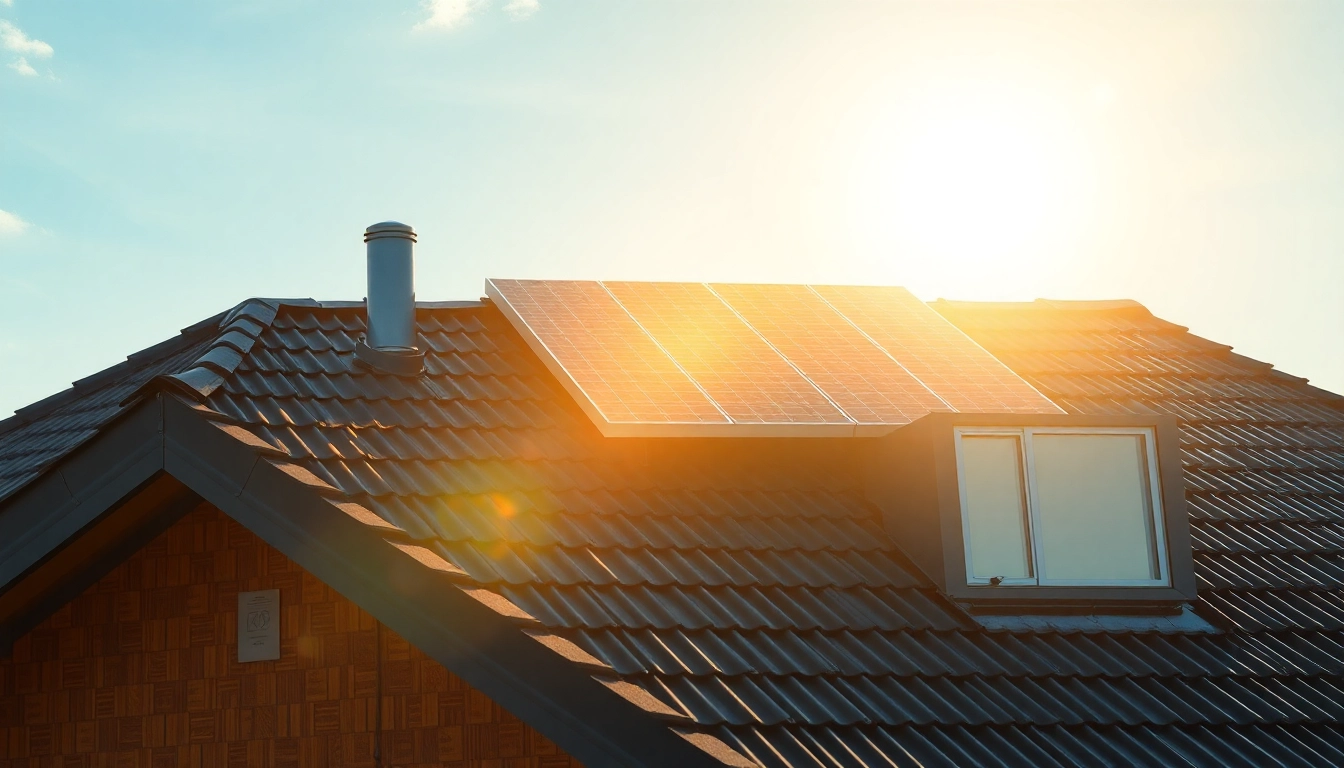 Solarstromanlage kaufen: Moderne Solarpanels auf einem Dach unter strahlendem Sonnenlicht, symbolisieren nachhaltige Energie.