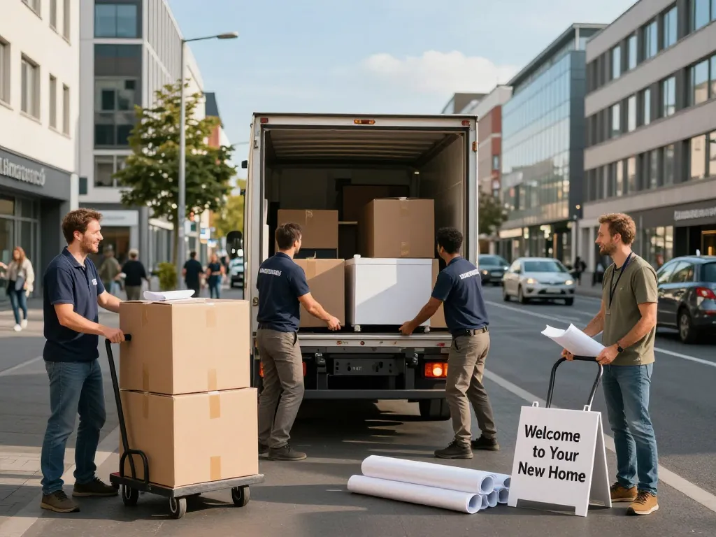 Professionelle Umzugshelfer in Hannover laden einen Truck, die Umzugsunternehmen Hannover und stressfreies Umziehen präsentieren.