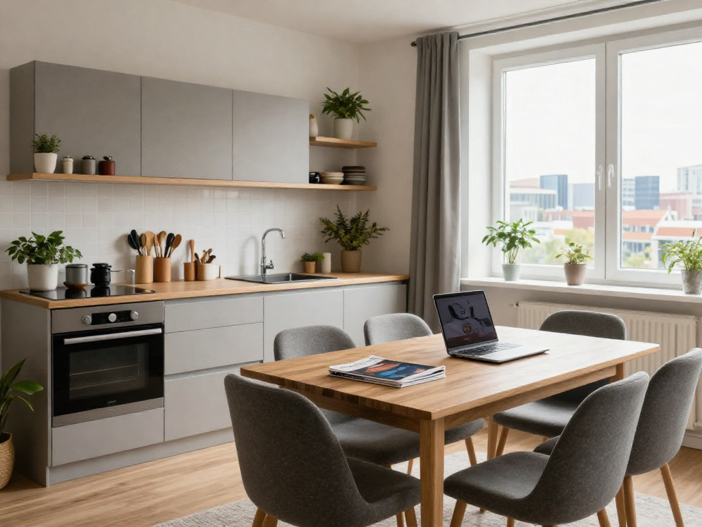 Moderne Monteurwohnung in Hannover mit gemütlicher Einrichtung und voll ausgestatteter Küche.