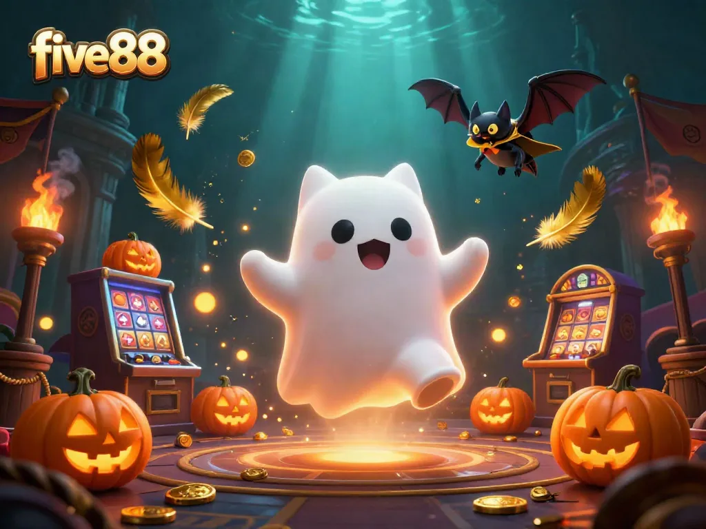 Experience the magic of five88 in this vibrant haunted casino scene with ghost cat and vampire bat.