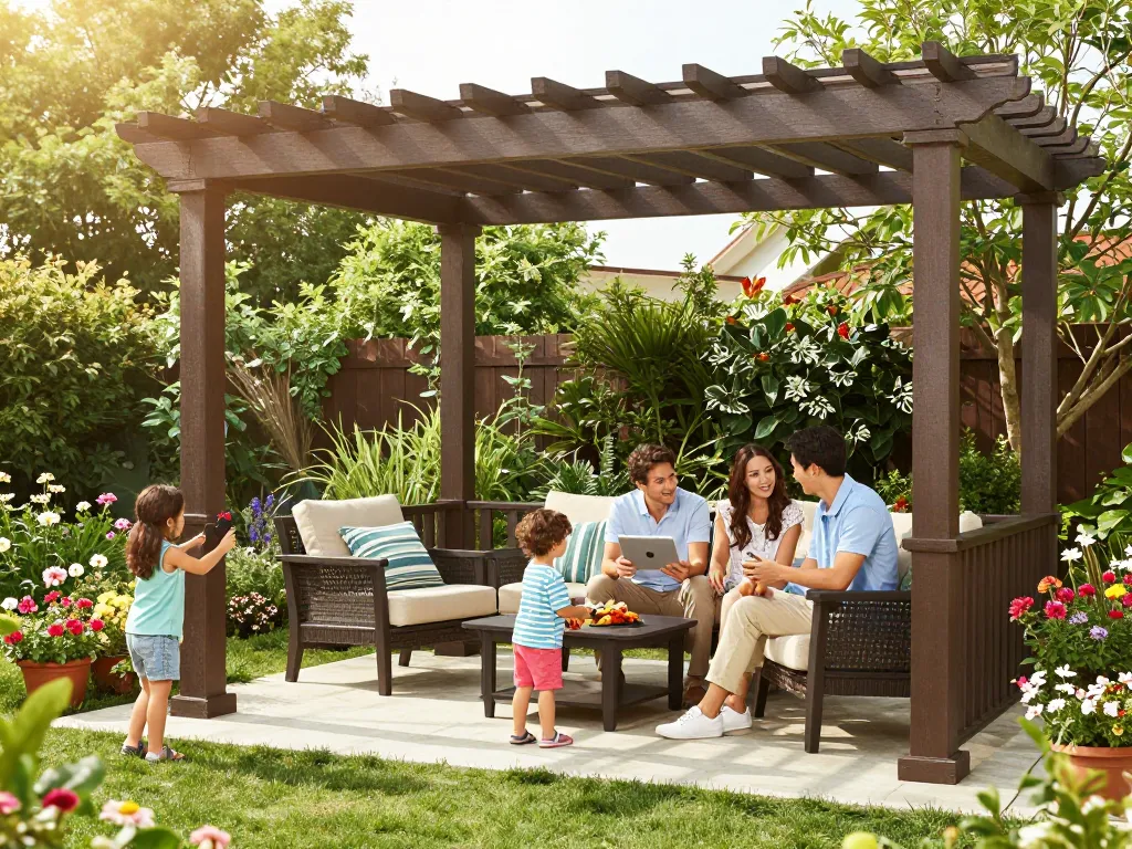 Erleben Sie den Pergola Konfigurator 3D mit einer Familie, die ihren schön gestalteten Außenbereich genießt.