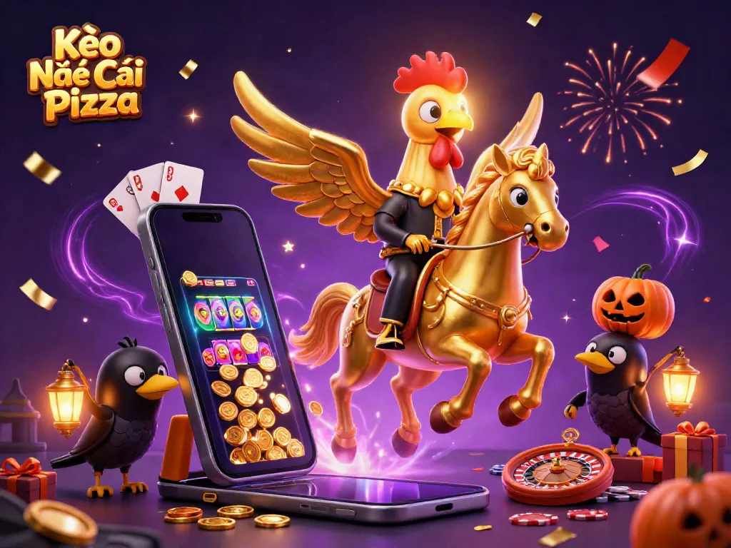 Kèo Nhà Cái Pizza engages players with a thrilling scene of golden rooster characters in a vibrant casino atmosphere.