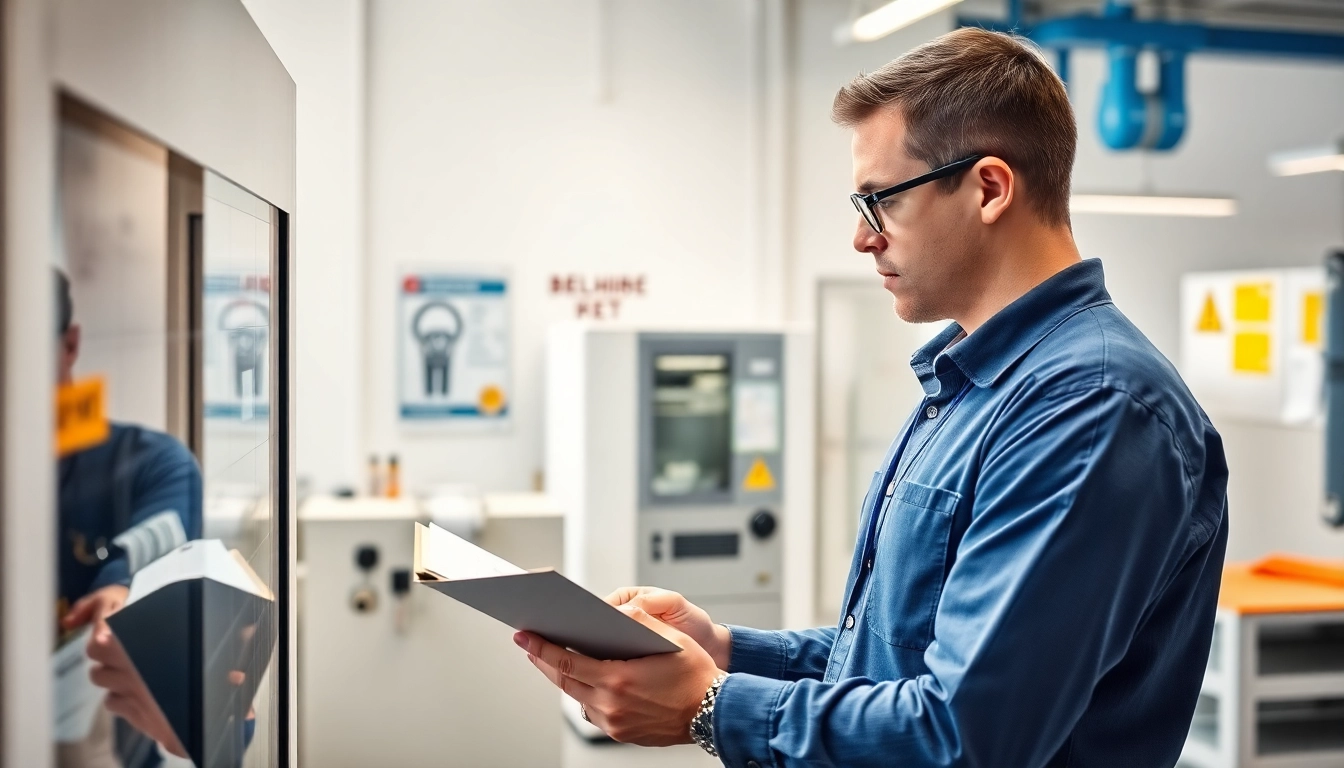 Technician performing DGUV V3 Prüfung inspection with safety tools in a modern office.