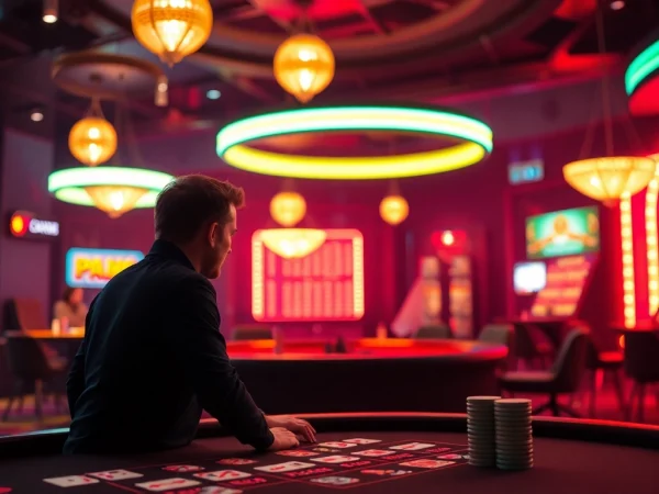 Aktiviere einen Casino Bonus mit lebhaften Neonlichtern und einem Spieler am Tisch, der die Atmosphäre genießt.