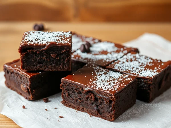 Leckere Daga Brownies mit glänzendem Finish auf einem rustikalen Holzbrett servieren.