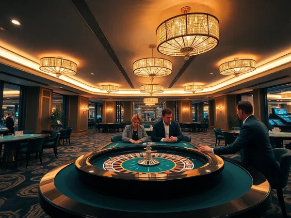 Spieler genießen spannende Spiele im Casino ohne Anmeldung, umgeben von elegantem Design und aufregender Atmosphäre.