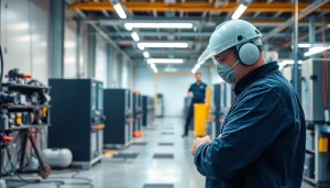 Prüfer bei der DGUV V3 Prüfung von elektrischen Geräten in einer modernen Büroumgebung.