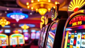 Gewinne aufregende Casino Bonus Angebote mit bunten Lichtern und Spielautomaten in einer festlichen Atmosphäre.