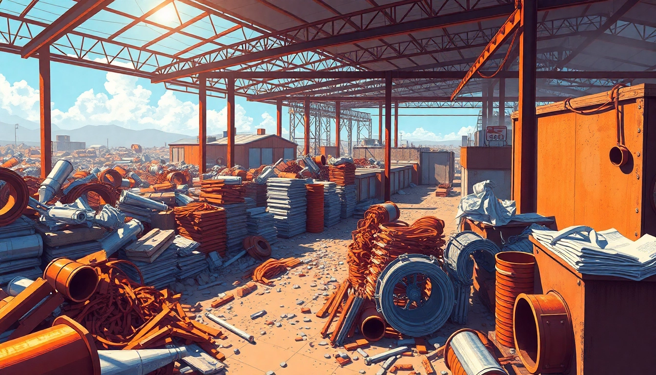 Efficient Schrottabholung Remscheid with workers handling various metals in a sunny scrapyard setting.