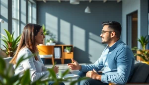 Professionelle Interaktion zwischen einem Recruiter und Kandidaten in einer Headhunter Agentur, die Vertrauen und Expertise ausstrahlt.
