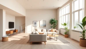 Inspirierende Raumgestaltung mit neutralen und pastellfarbenen Akzenten, lichtdurchflutetem Raum und modernem Möbelstil.