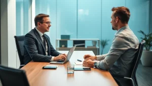 Headhunter Frankfurt im Fokus: Ein Headhunter berät Kandidaten in einem modernen Büro.