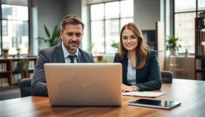 Headhunter berät Kunden über Karrieremöglichkeiten in einem modernen Büro.