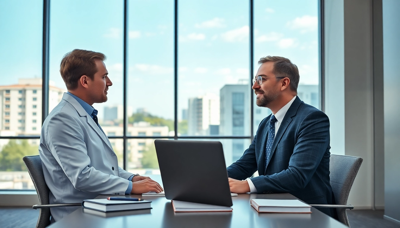 Headhunter Ärzte berät medizinisches Fachpersonal in modernem Büro.