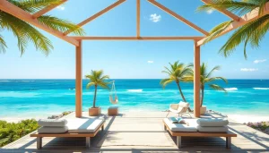 Genieße die entspannte Atmosphäre des Küsten-Cabana mit tropischen Palmen und einem klaren Himmel.