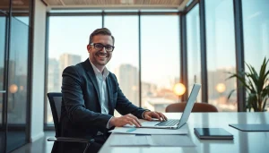 Headhunter IT arbeitet professionell im modernen Büro mit Laptop und Dokumenten.