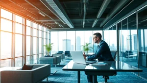 Headhunter IT arbeitet konzentriert an einem modernen Schreibtisch.