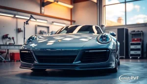 Porsche PPF München Fahrzeug mit glänzender Lackschutzfolie in einer modernen Werkstatt präsentieren.