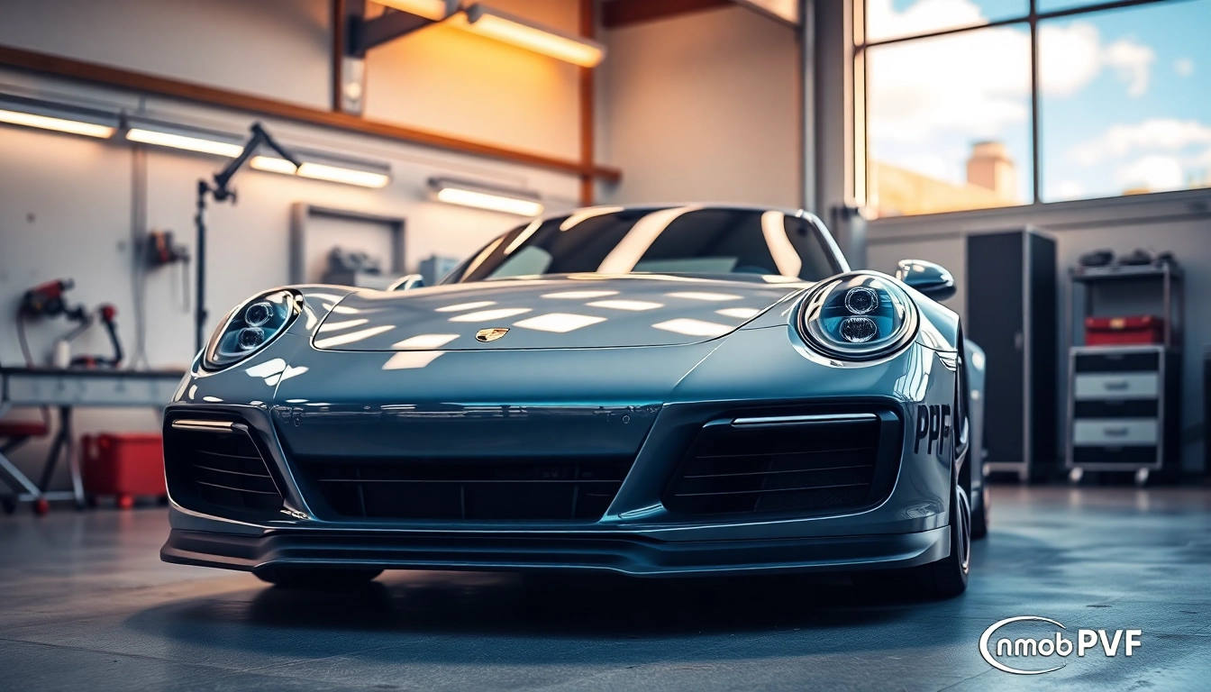 Porsche PPF München Fahrzeug mit glänzender Lackschutzfolie in einer modernen Werkstatt präsentieren.