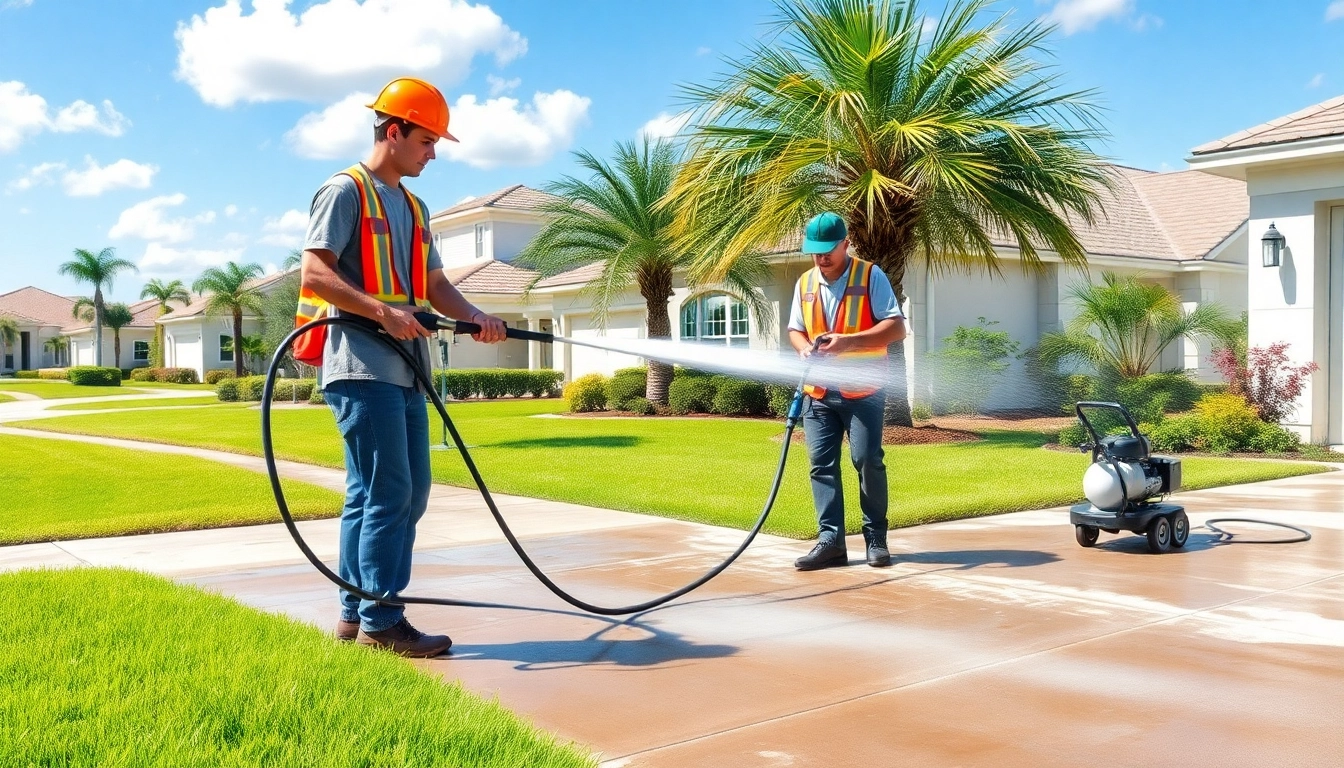 Driveway pressure wash in Kissimmee with professionals using eco-friendly equipment