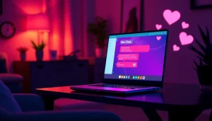 Engaging sex chat scene illustrated with a cozy laptop chat interface, warm lighting, and vibrant emojis.