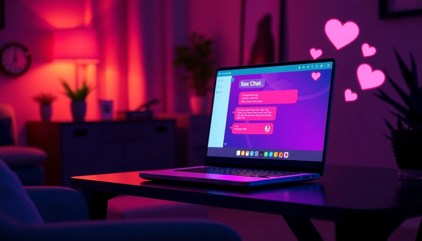 Engaging sex chat scene illustrated with a cozy laptop chat interface, warm lighting, and vibrant emojis.