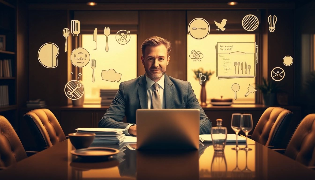 Headhunter Gastronomie arbeitet professionell an einem Schreibtisch voller Dokumente und Gastronomiepläne.