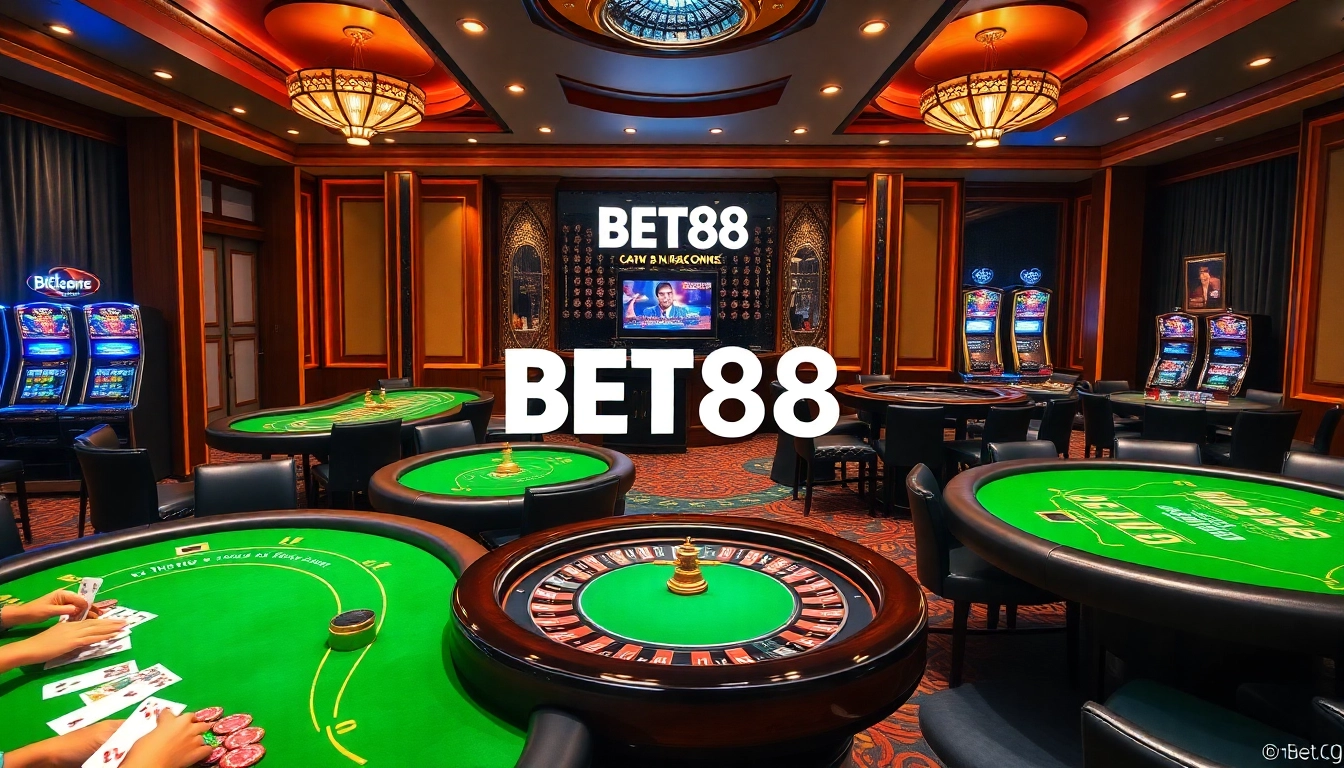 Players enjoying poker and blackjack at a luxurious BET88 casino with vibrant decor.