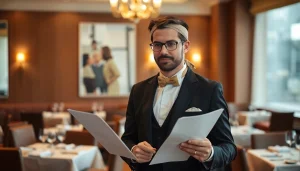 Headhunter Gastronomie evaluiert Kandidaten in einem eleganten Restaurant mit stilvollem Ambiente.