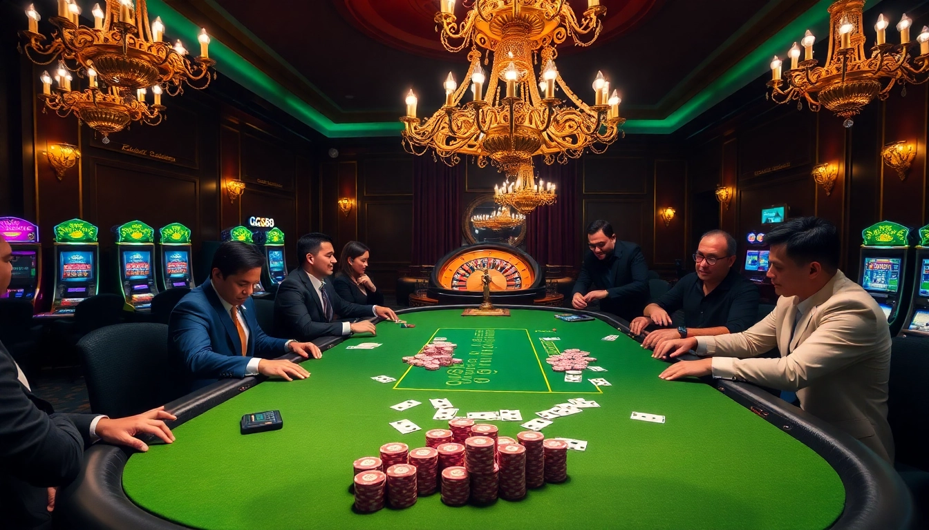 Players engaging at a GG88 poker table, showcasing high-stakes excitement in a luxurious casino atmosphere.