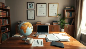 Büro eines erfahrenen vereidigten Übersetzers, das Übersetzungswerkzeuge und Zertifizierungen zeigt.