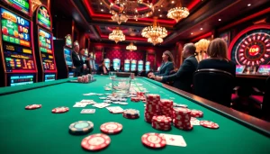 Thu hút người chơi tại bàn casino LUCK8 đầy chip poker và lá bài trong một không gian sang trọng.