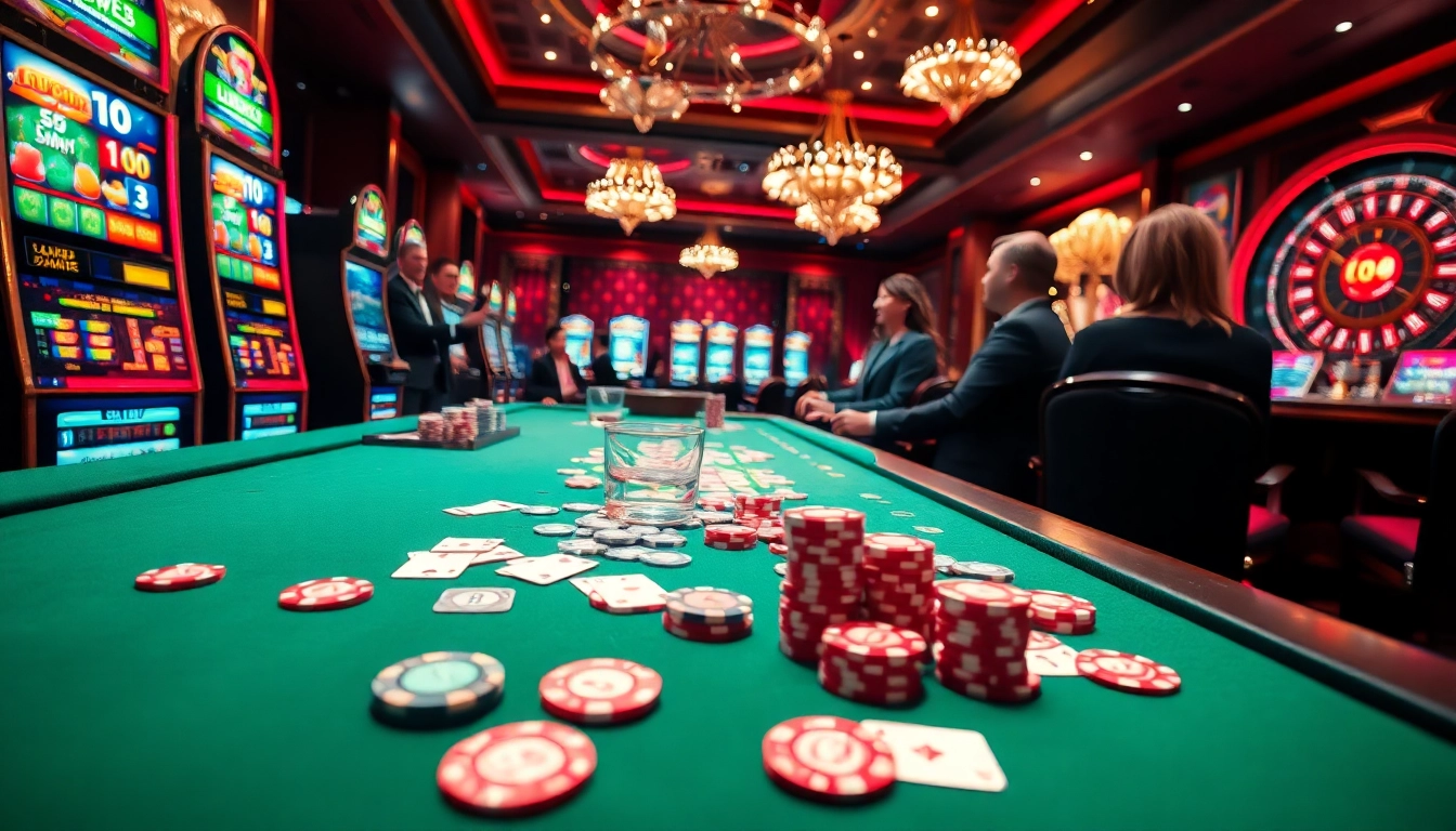 Thu hút người chơi tại bàn casino LUCK8 đầy chip poker và lá bài trong một không gian sang trọng.