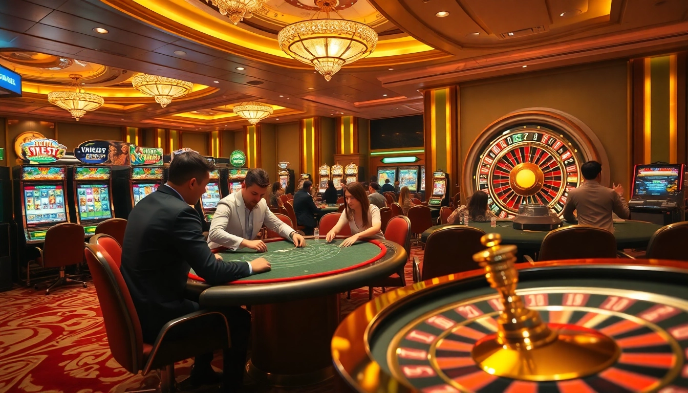 Players enjoying high-stakes poker at qh88 casino with vibrant slot machines and roulette wheel.
