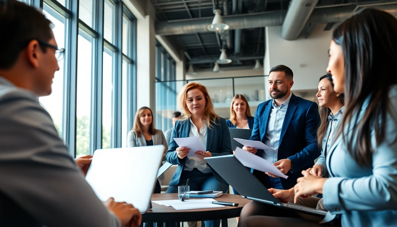 Headhunter IT discussing job opportunities with tech professionals in a modern office.